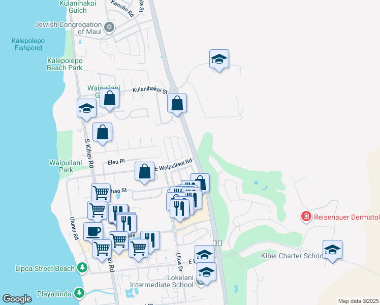 map of restaurants, bars, coffee shops, grocery stores, and more near 72 Kawailani Circle in Kihei