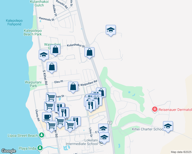 map of restaurants, bars, coffee shops, grocery stores, and more near 72 Kawailani Circle in Kihei