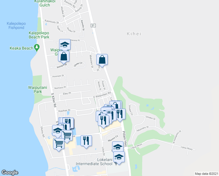 map of restaurants, bars, coffee shops, grocery stores, and more near 72 Kawailani Circle in Kihei