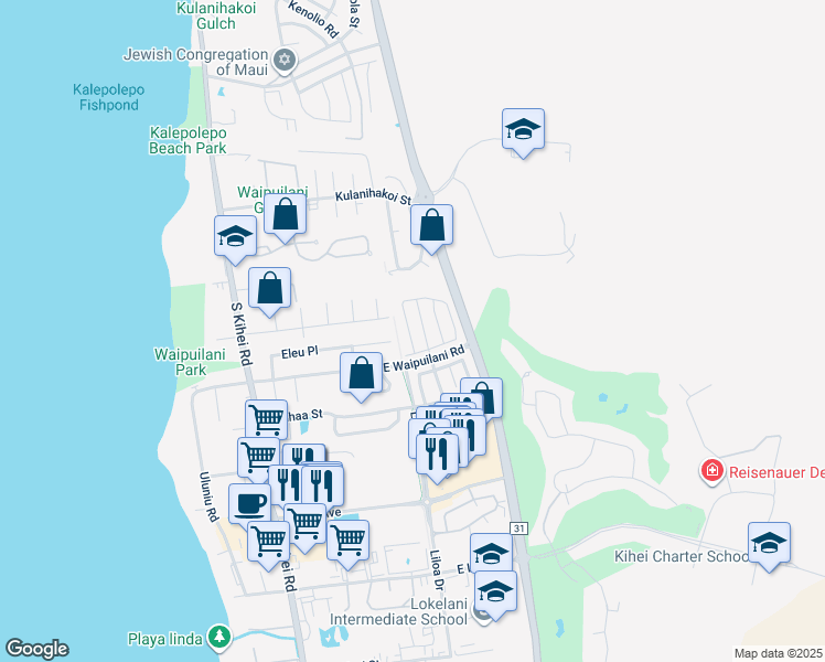 map of restaurants, bars, coffee shops, grocery stores, and more near 255 Kawailani Circle in Kihei