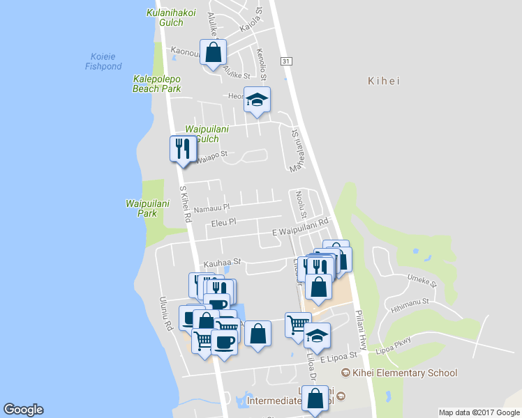 map of restaurants, bars, coffee shops, grocery stores, and more near 154 Namauu Place in Kihei