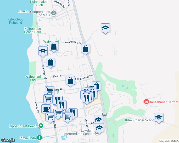 map of restaurants, bars, coffee shops, grocery stores, and more near 81 Kawailani Circle in Kihei