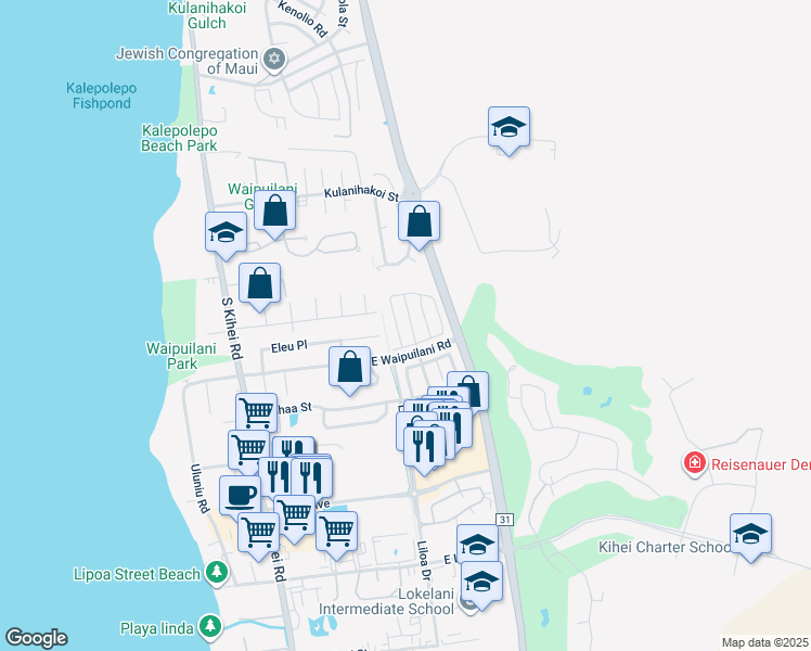 map of restaurants, bars, coffee shops, grocery stores, and more near 43 Noolu Street in Kihei