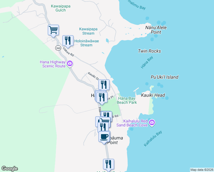 map of restaurants, bars, coffee shops, grocery stores, and more near 68 Alau Street in Hana