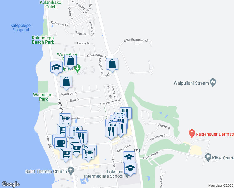 map of restaurants, bars, coffee shops, grocery stores, and more near 81 Kawailani Circle in Kihei