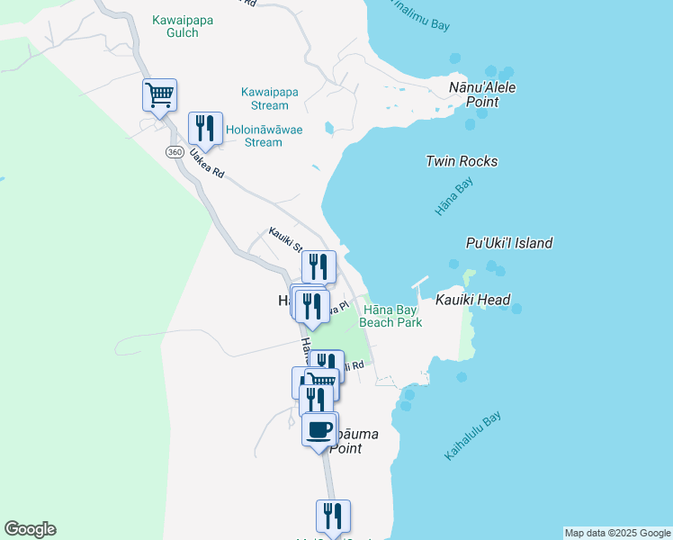 map of restaurants, bars, coffee shops, grocery stores, and more near 4950 Uakea Road in Hana