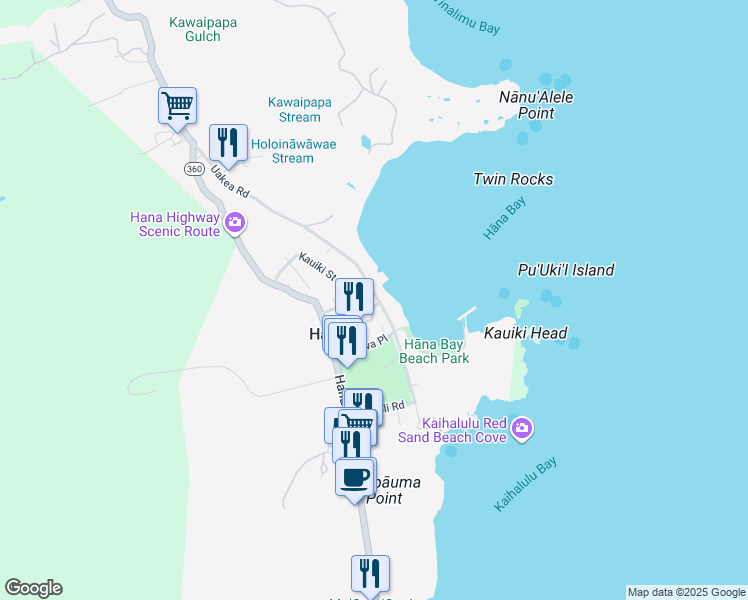 map of restaurants, bars, coffee shops, grocery stores, and more near 4950 Uakea Road in Hana