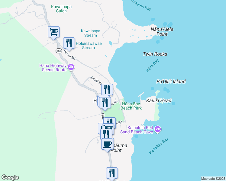 map of restaurants, bars, coffee shops, grocery stores, and more near 68 Alau Street in Hana
