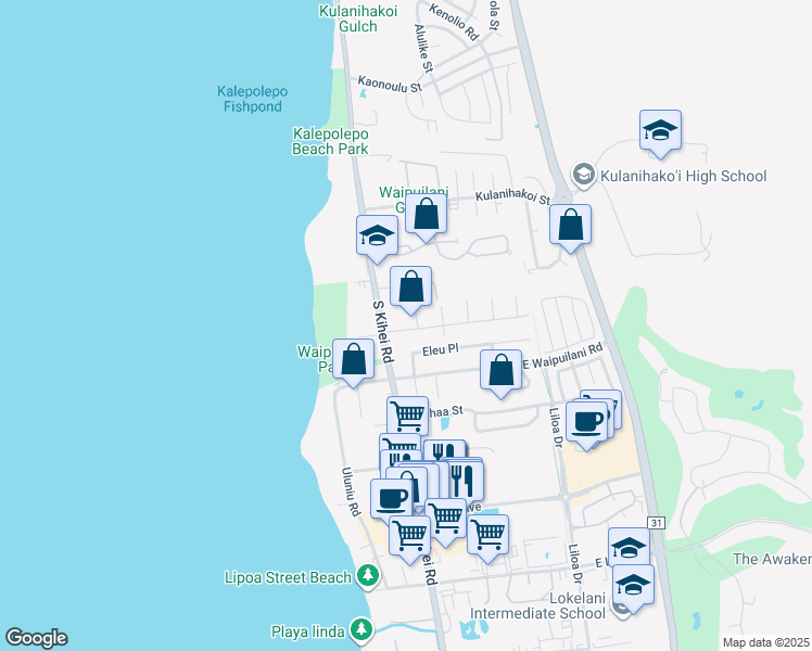 map of restaurants, bars, coffee shops, grocery stores, and more near 33 Namauu Place in Kihei