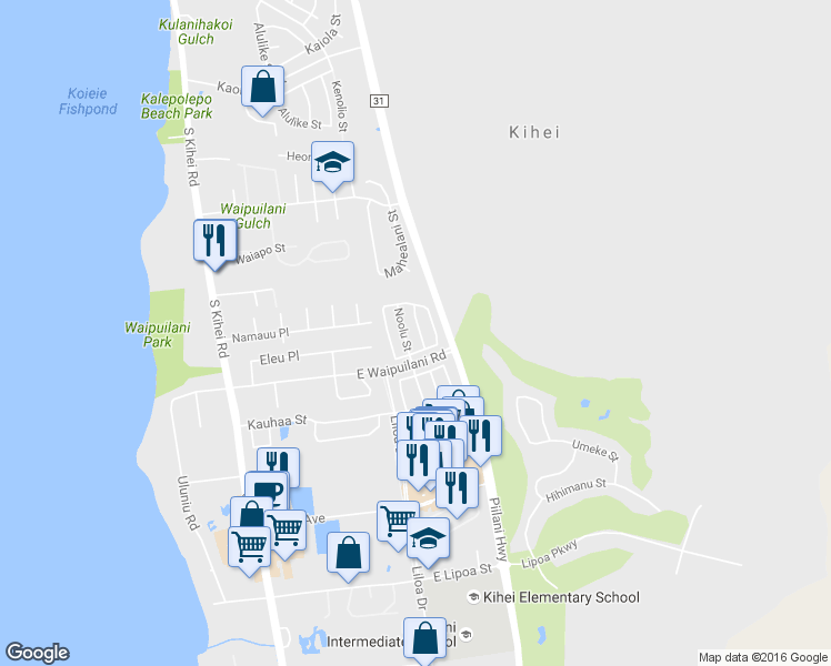 map of restaurants, bars, coffee shops, grocery stores, and more near 47 Polale Street in Kihei