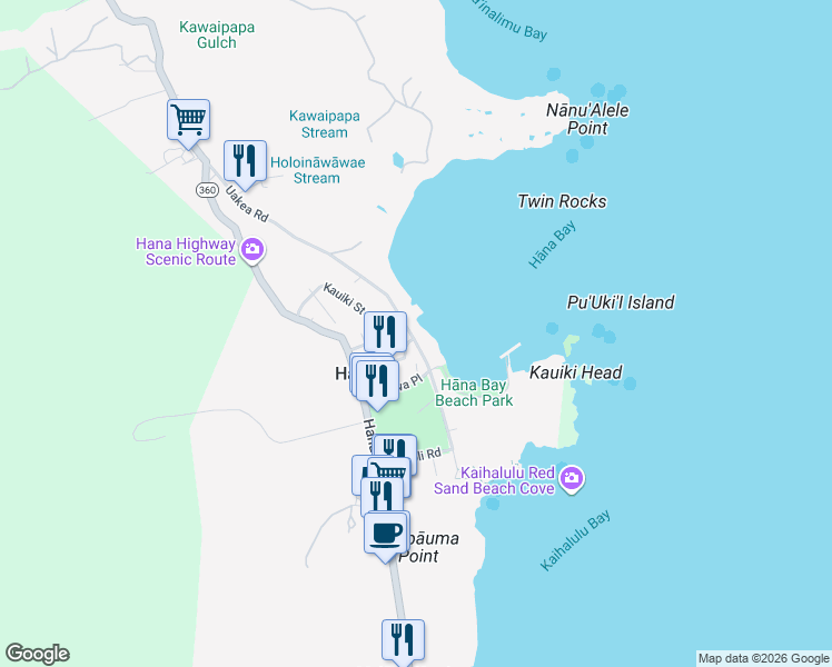map of restaurants, bars, coffee shops, grocery stores, and more near 4955 Uakea Road in Hana