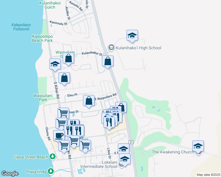 map of restaurants, bars, coffee shops, grocery stores, and more near 38 Polale Street in Kihei