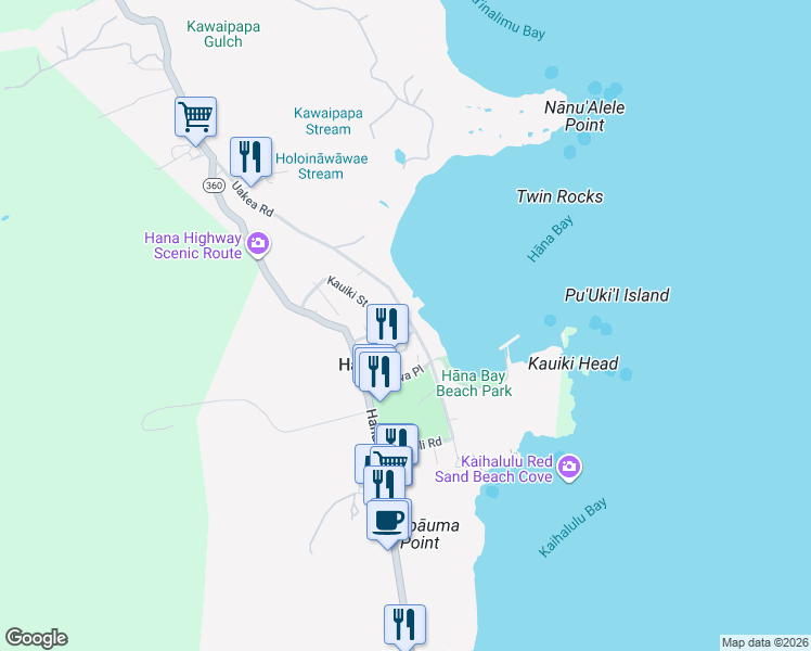 map of restaurants, bars, coffee shops, grocery stores, and more near 4950 Uakea Road in Hana