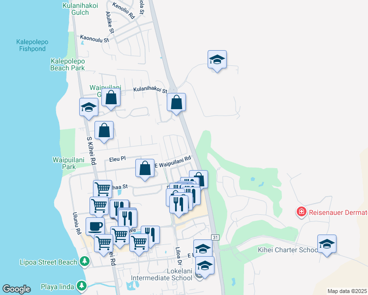 map of restaurants, bars, coffee shops, grocery stores, and more near 87 Kawailani Circle in Kihei