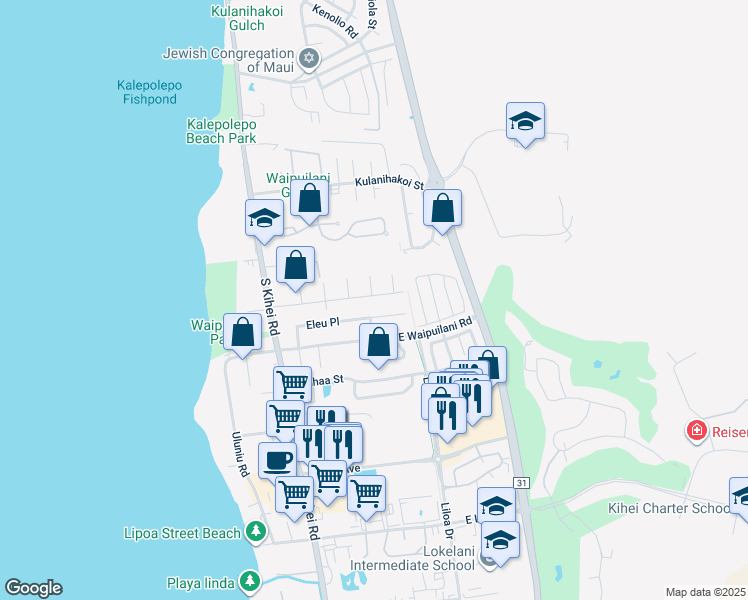 map of restaurants, bars, coffee shops, grocery stores, and more near 154 Namauu Place in Kihei