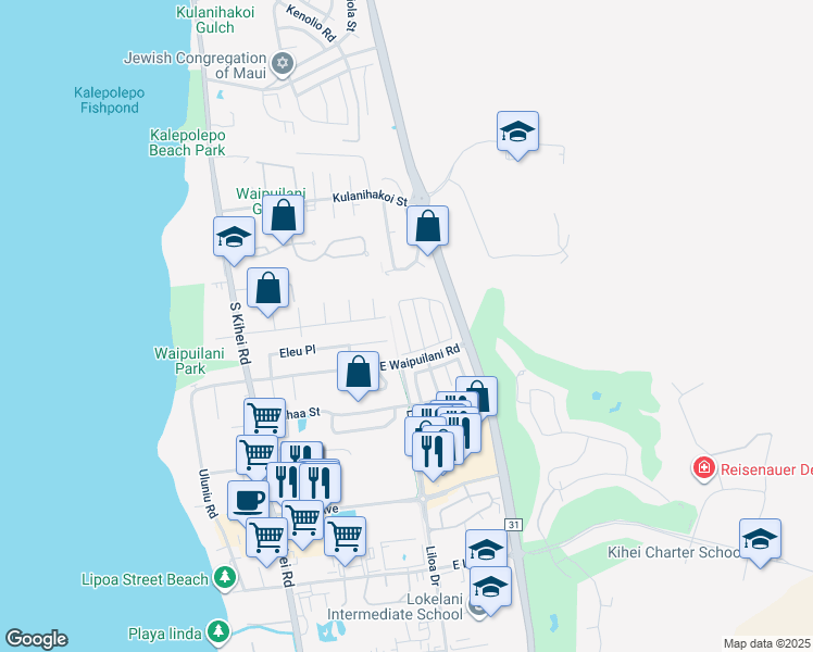 map of restaurants, bars, coffee shops, grocery stores, and more near 249 Kawailani Circle in Kihei