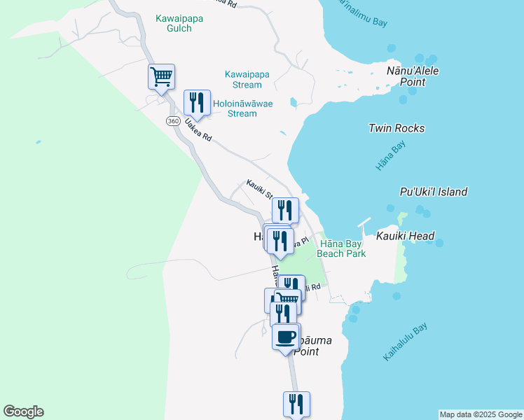 map of restaurants, bars, coffee shops, grocery stores, and more near 4909 Hana Highway in Hāna