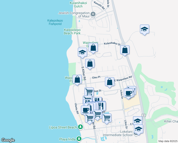 map of restaurants, bars, coffee shops, grocery stores, and more near 33 Namauu Place in Kihei