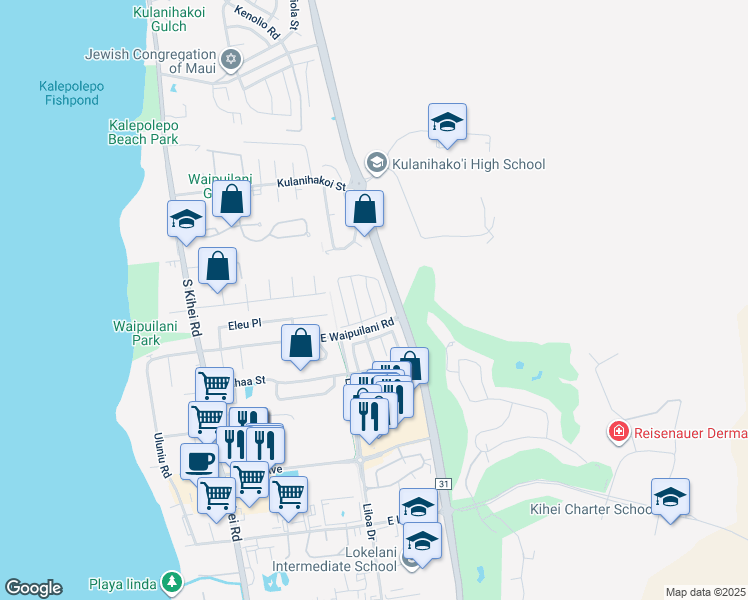 map of restaurants, bars, coffee shops, grocery stores, and more near 38 Polale Street in Kihei