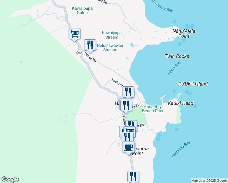 map of restaurants, bars, coffee shops, grocery stores, and more near 4885 Hana Highway in Hana