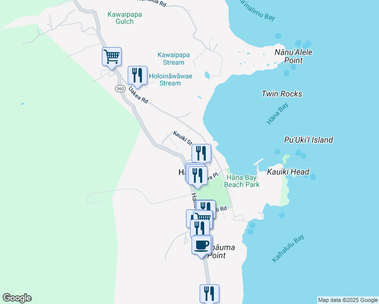 map of restaurants, bars, coffee shops, grocery stores, and more near 27 Alau Street in Hana