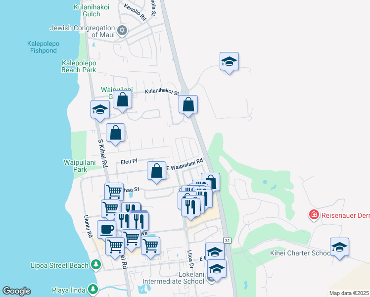 map of restaurants, bars, coffee shops, grocery stores, and more near 46 Noolu Street in Kihei