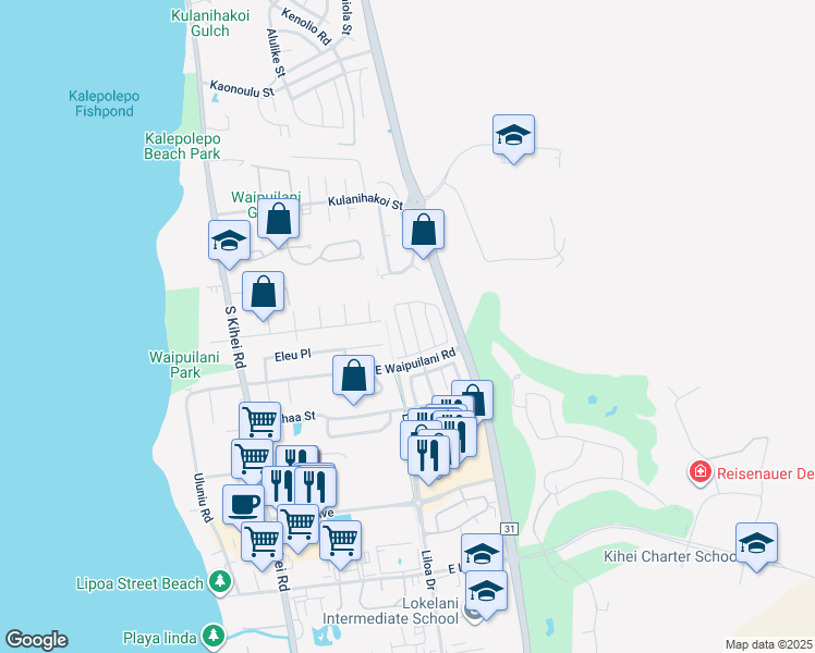 map of restaurants, bars, coffee shops, grocery stores, and more near 55 Noolu Street in Kihei