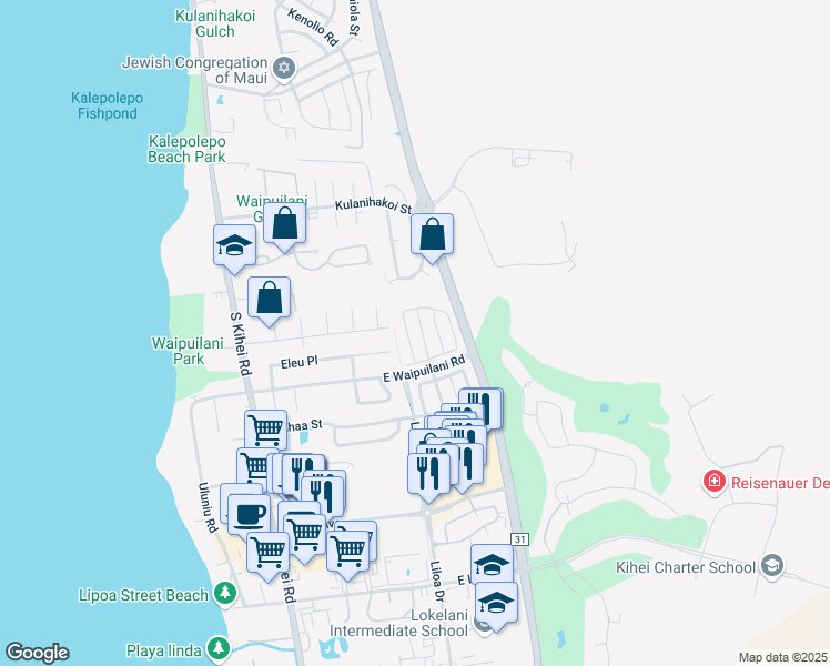 map of restaurants, bars, coffee shops, grocery stores, and more near 55 Noolu Street in Kihei