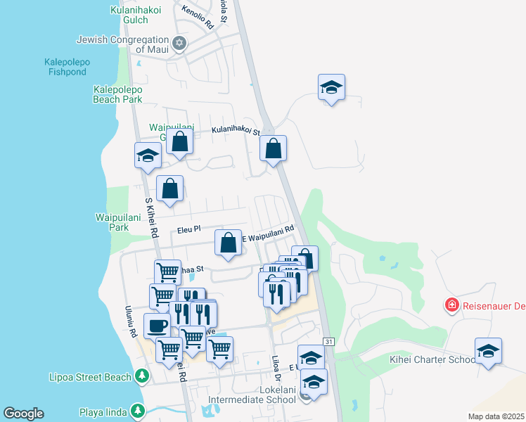 map of restaurants, bars, coffee shops, grocery stores, and more near 55 Noolu Street in Kihei