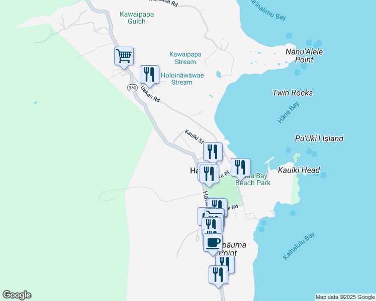 map of restaurants, bars, coffee shops, grocery stores, and more near 4885 Hana Highway in Hana