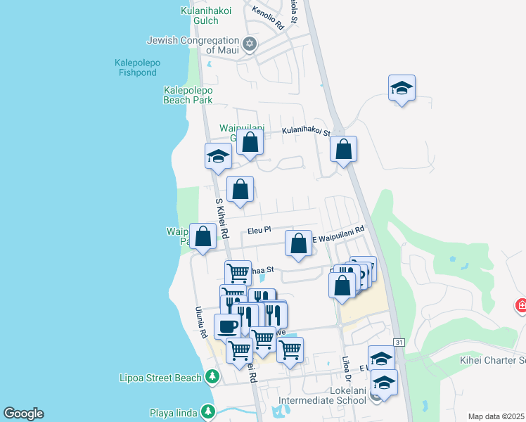 map of restaurants, bars, coffee shops, grocery stores, and more near 985 Kapuhau Street in Kihei