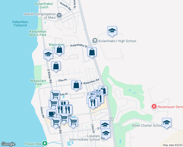 map of restaurants, bars, coffee shops, grocery stores, and more near 53 Polale Street in Kihei