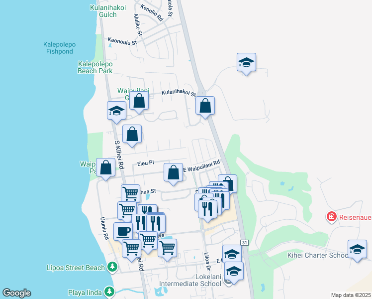 map of restaurants, bars, coffee shops, grocery stores, and more near 198 Namauu Place in Kihei