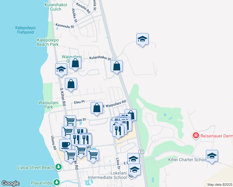 map of restaurants, bars, coffee shops, grocery stores, and more near 53 Polale Street in Kihei