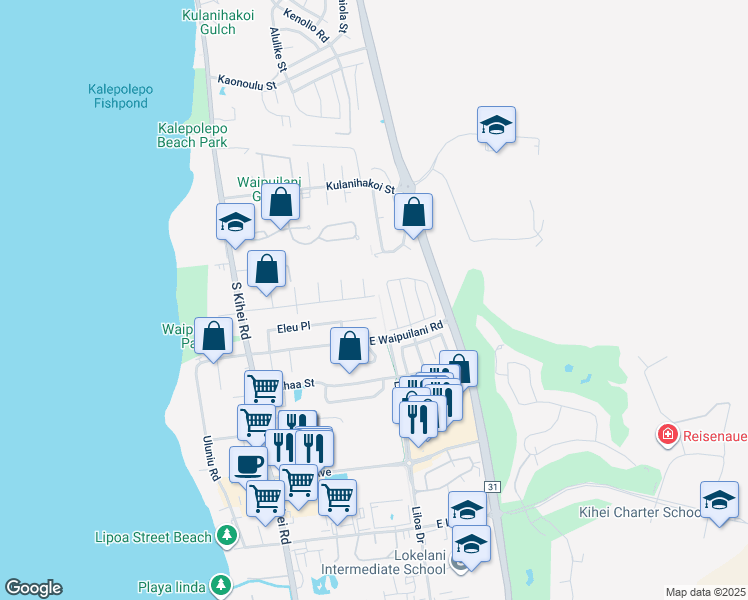 map of restaurants, bars, coffee shops, grocery stores, and more near 198 Namauu Place in Kihei