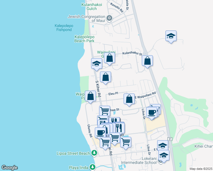 map of restaurants, bars, coffee shops, grocery stores, and more near 40 Kihalani Place in Kihei