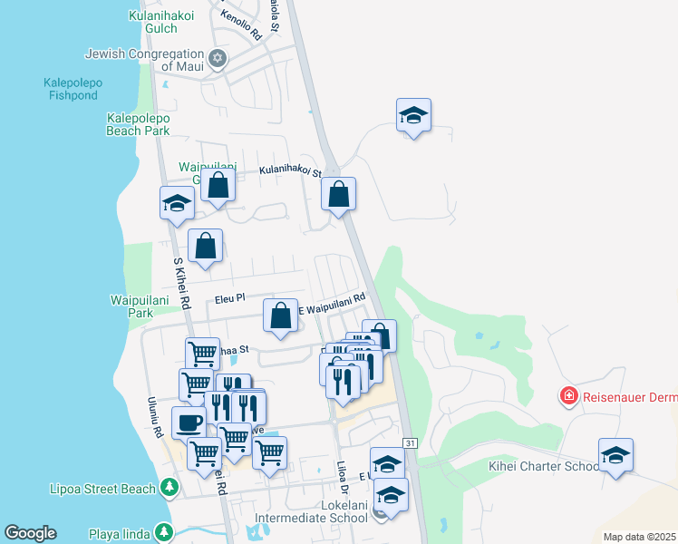 map of restaurants, bars, coffee shops, grocery stores, and more near 59 Polale Street in Kihei