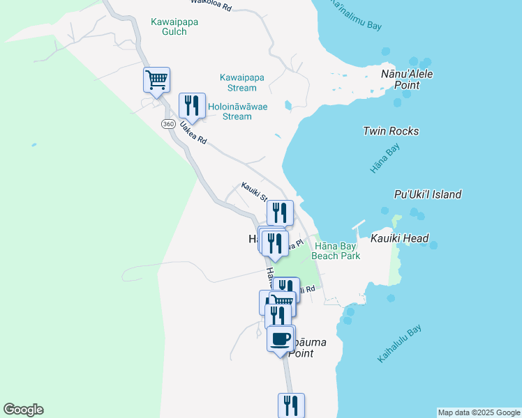 map of restaurants, bars, coffee shops, grocery stores, and more near 27 Alau Street in Hana