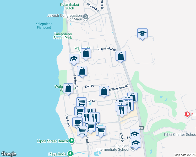 map of restaurants, bars, coffee shops, grocery stores, and more near 129 Namauu Place in Kihei