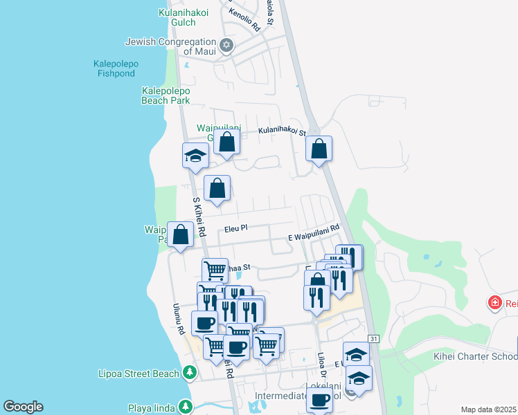 map of restaurants, bars, coffee shops, grocery stores, and more near 129 Namauu Place in Kihei