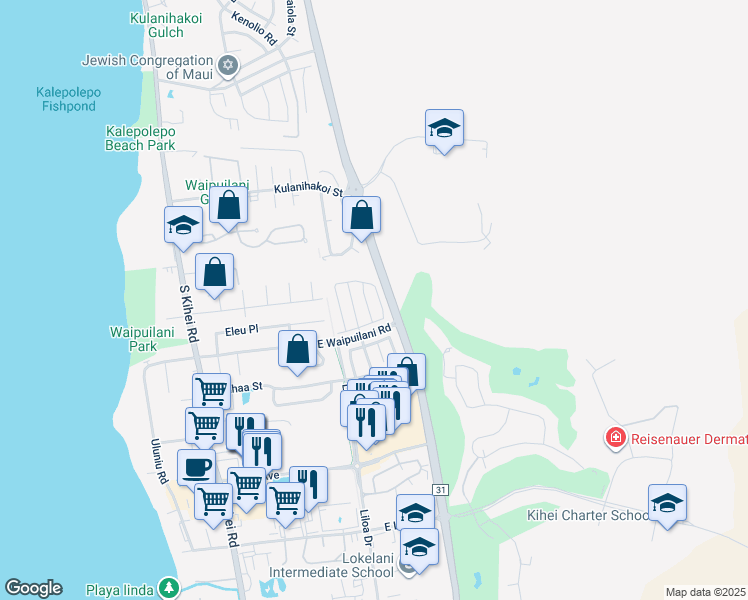 map of restaurants, bars, coffee shops, grocery stores, and more near 99 Kawailani Circle in Kihei