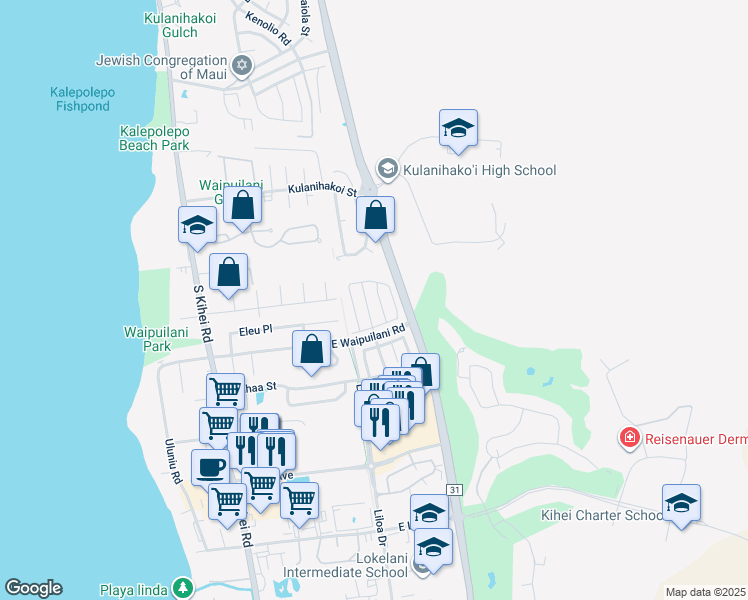 map of restaurants, bars, coffee shops, grocery stores, and more near 59 Polale Street in Kihei