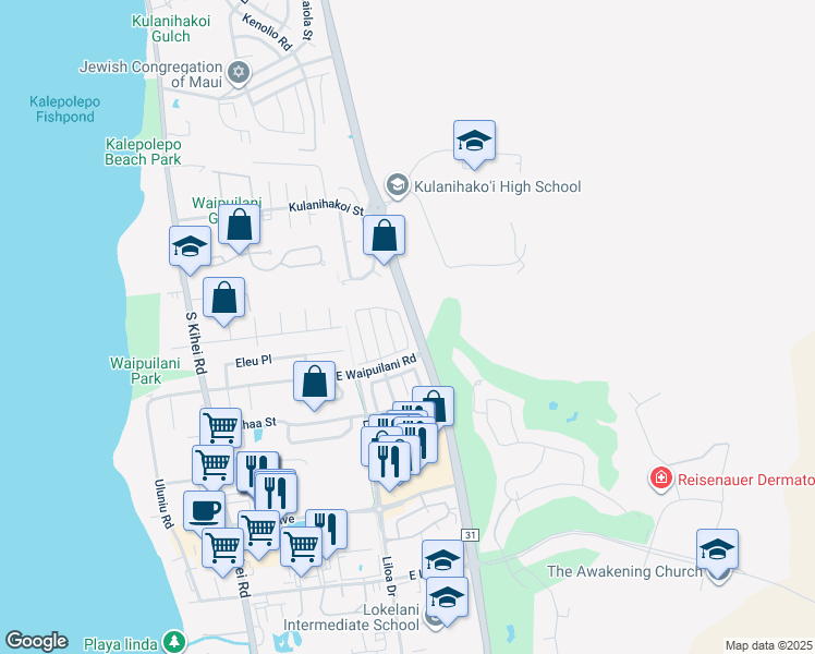 map of restaurants, bars, coffee shops, grocery stores, and more near 96 Kawailani Circle in Kihei