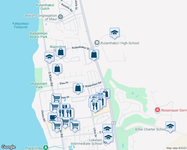 map of restaurants, bars, coffee shops, grocery stores, and more near 65 Polale Street in Kihei