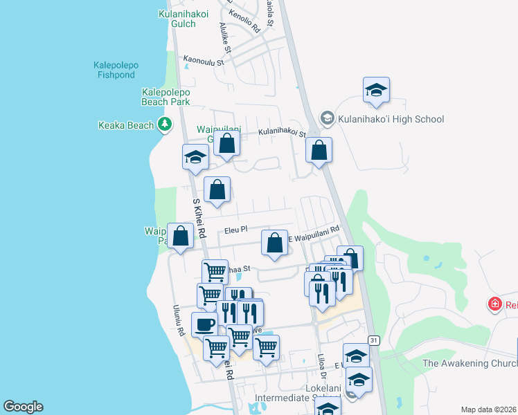 map of restaurants, bars, coffee shops, grocery stores, and more near 140 Namauu Place in Kihei