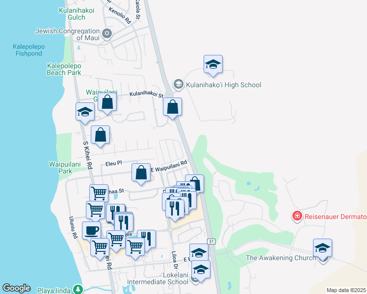 map of restaurants, bars, coffee shops, grocery stores, and more near 96 Kawailani Circle in Kihei