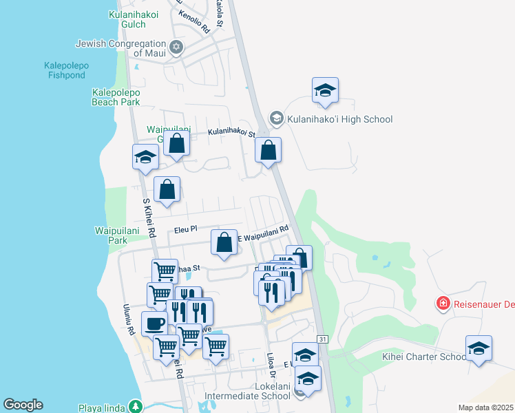 map of restaurants, bars, coffee shops, grocery stores, and more near 67 Noolu Street in Kihei