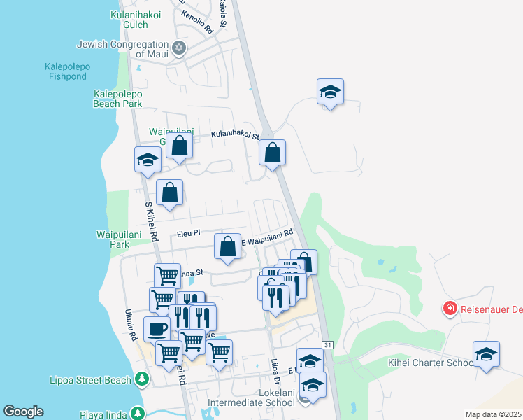 map of restaurants, bars, coffee shops, grocery stores, and more near 67 Noolu Street in Kihei