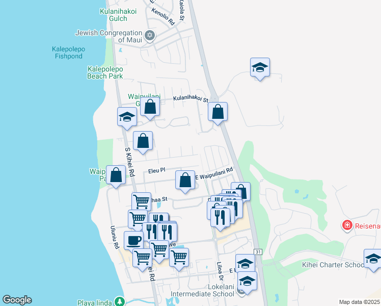 map of restaurants, bars, coffee shops, grocery stores, and more near 177 Namauu Place in Kihei