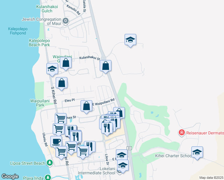 map of restaurants, bars, coffee shops, grocery stores, and more near 108 Kawailani Circle in Kihei